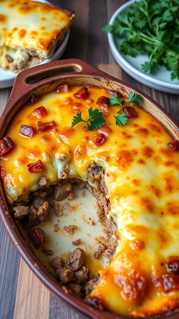 Savory Carnivore Casserole Recipe A hearty carnivore casserole with layers of cheese and meats, garnished with parsley, on a rustic table.